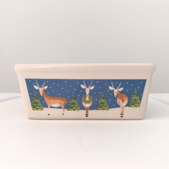 Nantucket Mini Bread Loaf Pan Ceramic Baking Christmas Reindeer White Blue Gifts - Picture 4 of 12